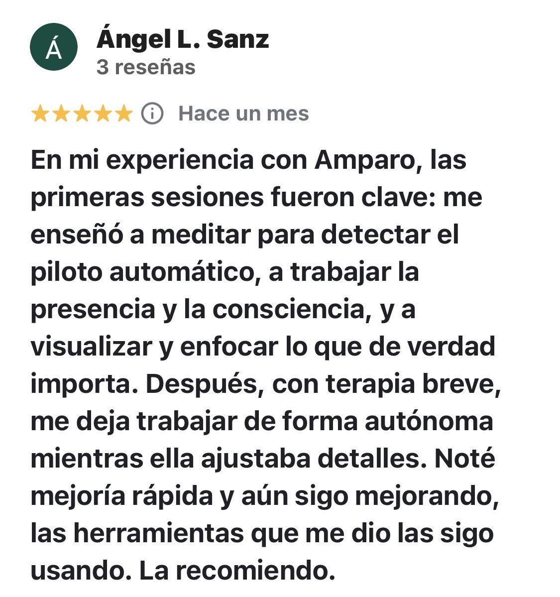 Reseña de 5 estrellas de Ángel L. Sanz sobre su experiencia con Amparo